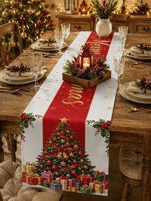 Vintage Country Style Christmas Tree Table Runner, Pillow Case, Placemat With Red Ribbon, Gold Bell, Gift Box And Holly Pattern, European And American Holiday Table Decor, Long Party Decoration - Multicolor - View 1