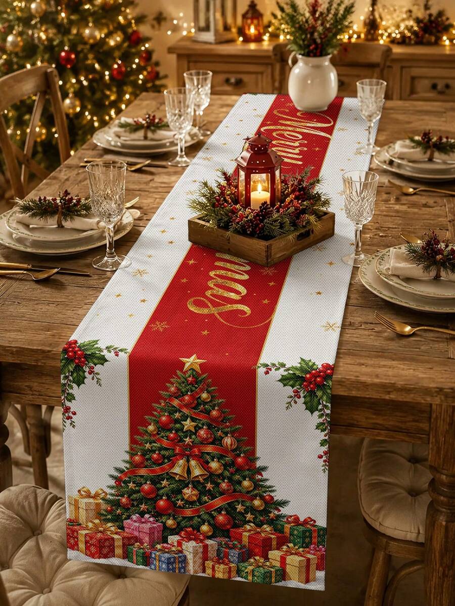 Vintage Country Style Christmas Tree Table Runner, Pillow Case, Placemat With Red Ribbon, Gold Bell, Gift Box And Holly Pattern, European And American Holiday Table Decor, Long Party Decoration - Multicolor - View 1