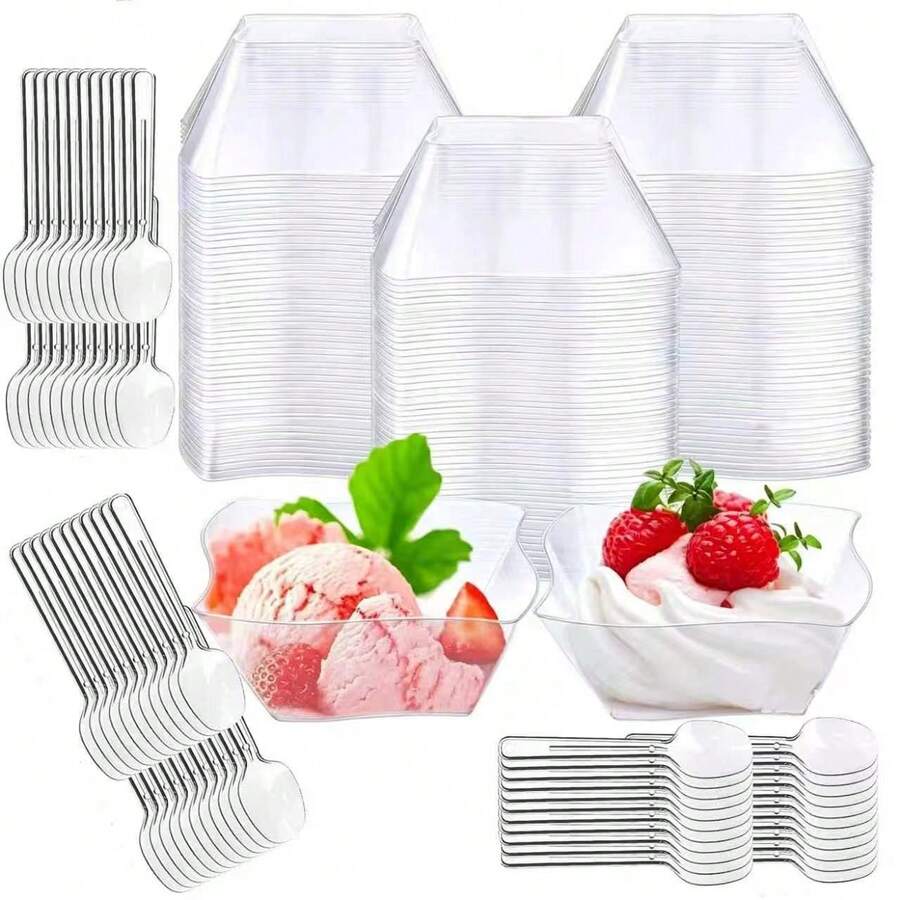 Wavy Square Small Snack Dish, Transparent And Refreshing Texture, Comes With Matching Small Spoon, Suitable For Serving Fruits, Mousse Pudding, Cold Appetizers And Desserts, Perfect For Cold Buffet, Tea Break Party, Family Gathering Platter, Unique And Elegant Design, Easily Enhances Table Display Style, Creates Exquisite Food Presentation Effect - Transparent - View 1