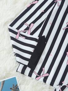 Women's Striped Bow Print Long Sleeve Long Pants Bubble Crinkle Pajama Set - Black - View 8