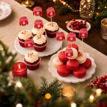 28/58pcs/Christmas Ugly Sweater Bamboo Cocktail Picks, Decorative Food Picks For Fruit Appetizer Cupcake, Xmas Party Charcuterie Board Decor Supplies - Red - View 6