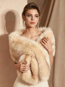 1pc Women's Winter Champagne Color Long Faux Fur Bridal Shawl Cape Coat - Champagne - View 1