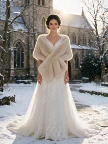 1PC Faux Fur Bridal Shawl Collar Autumn Winter Cape Banquet Wedding Dress Scarf - Camel - View 1