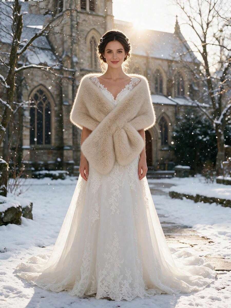 1PC Faux Fur Bridal Shawl Collar Autumn Winter Cape Banquet Wedding Dress Scarf - Camel - View 1