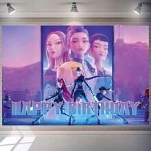 asmodee Anime Girl Group Happy Birthday Backdrop Banner 1x1.5m Neon Cool Female Character Photo Booth Background Wall Decor Birthday Party Supplies - Multiple Styles - View 1