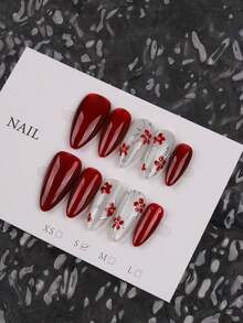 10pcs Oval Amber Cat's Eye Handmade Press-On Nails, Red Cat-Eye Nail Tips With Hand-Painted Flower Patterns Design, Suitable For Daily And Festive Wear, Reusable, Suitable For Women And Girls, Cute Press-On Nails,Fall Autumn Nails - Redwood - View 6