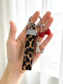 26 Alphabet Car Keychains, Silver Letter Zinc Alloy Accessories, Leopard Print Cherry Pendant, PU Rope Car Lock Key Fob, Car Remote Control Hanging Decoration, Bag Decoration Pendant, Car Key Ring, Key Chain Key Accessories. Holiday Gift, - Letter - View 26
