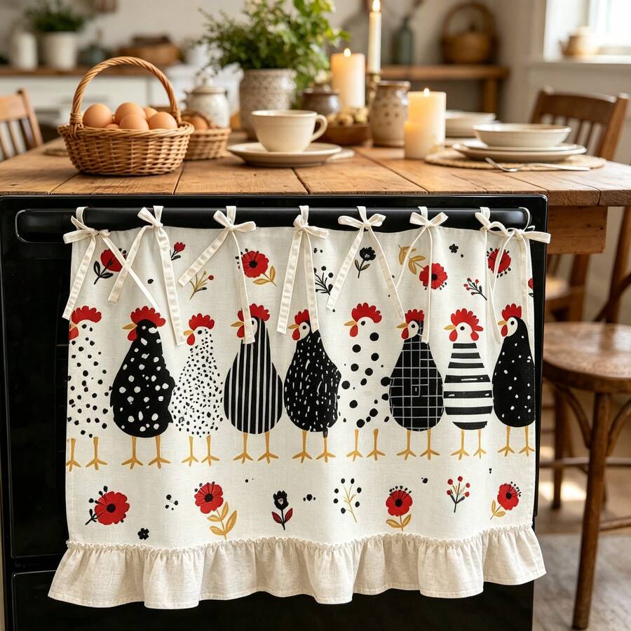 1PC Kitchen Curtain, Kitchen Decor, Multi-Functional Oven Protective Curtain, Cute Black & White Chicken Pattern With Red Flowers, Polyester Fabric With Ruffle Hem And Tie-Up Top - Multicolor - View 1