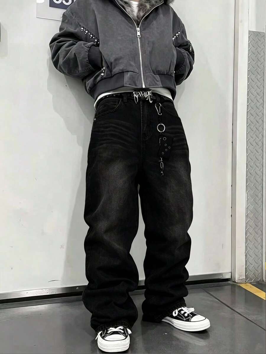 Teen Boy Vintage Casual Loose Fit Pocket Denim Jeans - Black - View 1