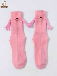 1/2 Pairs Cute Funny Smiling Face Embroidered Automatic Magnetic Attachment Holding Hands Mid-Calf Socks For Couples - Multicolor - View 11
