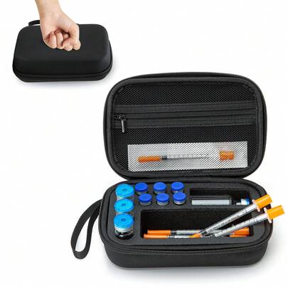 Portable Insulin Cooler Travel Case With Ice Pack, Hard Shell Medication Organizer With Removable Foam Insert, Mesh Pocket & Wrist Strap