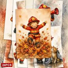 24pcs + 1 Red Envelope Cute Firefighter Theme Greeting Cards & Postcards, Featuring Brave Heroes And Rescue Dogs, Suitable For Thanksgiving, Classic Watercolor Style Art Stationery Set - Sets - View 5