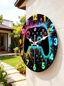 1pc Neon-Lit Game Controller Wall Clock - With Colorful Splashes Retro Gaming Decor - Suitable For Living Room, Bedroom, Office- Gamer Cave Gift, Wood Material Round Clock, 2D Flat - Multicolor - View 5