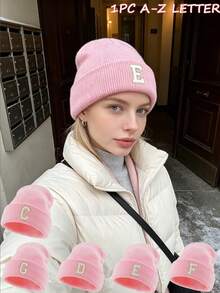 1pc Women's Cuffed Ribbed Knit Beanie Hat, Choose From 26 Letters, Soft & Comfortable Ladies Autumn/Winter Warm Hat, Suitable For Holidays, Daily Wear - Pink - View 2