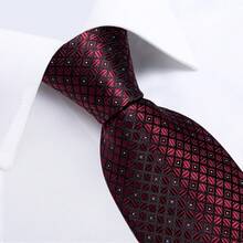 Burgundy Diamond Check Tie, Pocket Square, Cufflinks And Silver Tie Clip 4-Piece Set, Suitable For Winery Tour Dinner, Vineyard Wedding Evening Reception - Burgundy - View 4