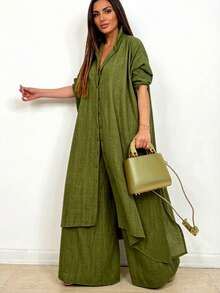 Women's Spring/Autumn Fashion Casual Lapel Long Sleeve Solid Color Top And Solid Color Long Pants 2-Piece Set - Olive Green - View 1