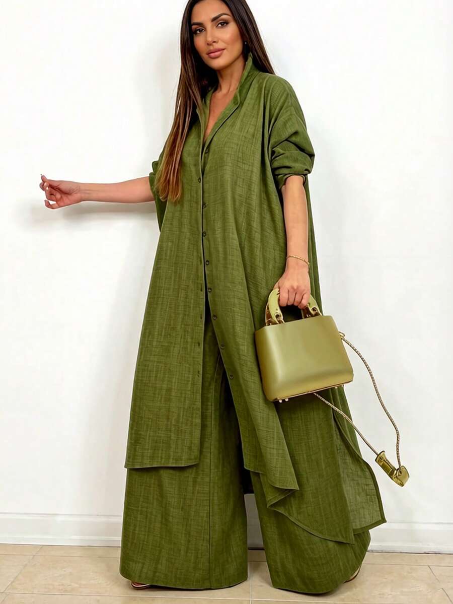 Women's Spring/Autumn Fashion Casual Lapel Long Sleeve Solid Color Top And Solid Color Long Pants 2-Piece Set - Olive Green - View 1