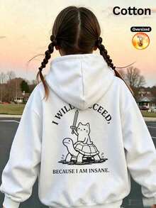 2026 Autumn/Winter Girls' Custom Loose White Hooded Sweatshirt, Cartoon Cat Riding Turtle And Letter Print, Casual Cute Style - White - View 12