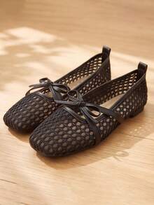 Women's Square Toe Hollow Mesh Mary Jane Flats, Bowknot Lace-Up Decor, Breathable Soft Sole Ballet Shoes - Black - View 4