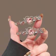 2Pcs Pink Heart Rhinestone Hair Clips, Retro Butterfly Flower Crystal Hair Barrettes, Silver Metal Decorative Hair Pins For Daily Party - Multicolor - View 1