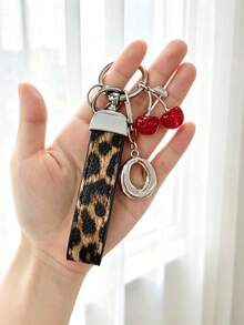 26 Alphabet Car Keychains, Silver Letter Zinc Alloy Accessories, Leopard Print Cherry Pendant, PU Rope Car Lock Key Fob, Car Remote Control Hanging Decoration, Bag Decoration Pendant, Car Key Ring, Key Chain Key Accessories. Holiday Gift, - Letter - View 33