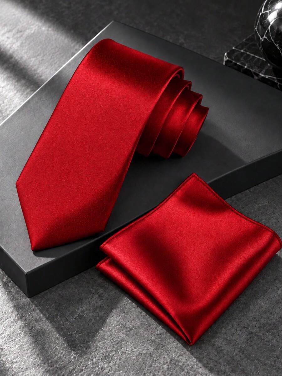 1 Set Solid Color Tie And Pocket Square Combination, Minimalist Versatile Hand-Tied Tie And Handkerchief Set, Business Tie - Red - View 1