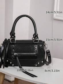 1 pc Tas Motor Gaya Retro Keren dengan Patchwork dan Rivet Logam, Tali Strap Ganda yang Dapat Disesuaikan, Tas Tangan Wanita, Tas Selempang Wanita untuk Jalan-jalan dan Belanja - Hitam - View 5