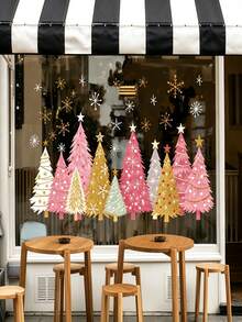 3pcs Christmas Window Stickers Decals, Yellow Green Gold Christmas Tree & Snowflake Pattern, Winter Home Window Decoration - Multicolor - View 2