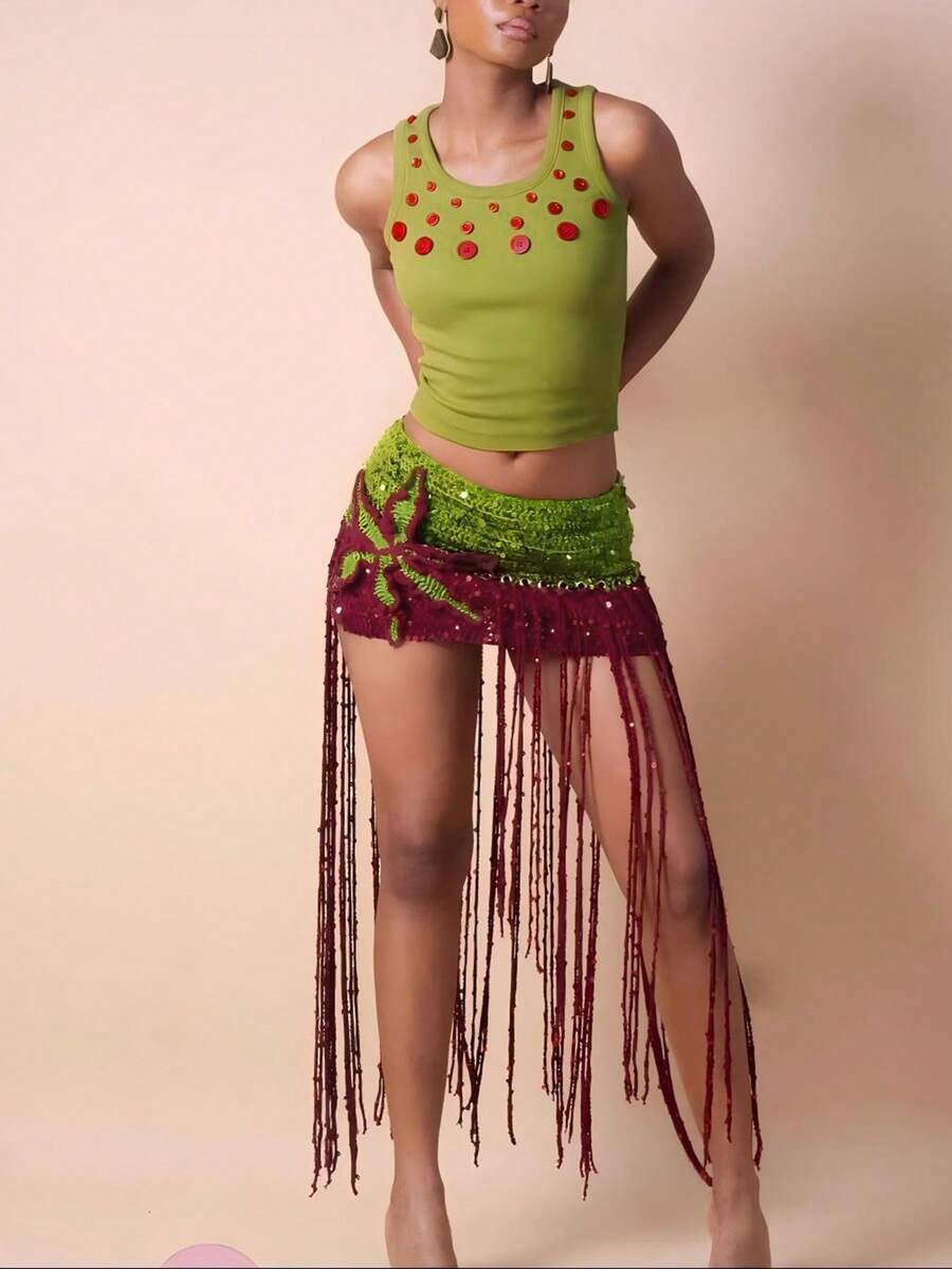 Women's Sexy Fringe Bodycon Skirt In Polyester, Perfect For Party & Festival Outfits - Green - View 1