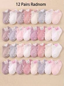 12/24 Pairs Pink Rabbit Jacquard Ear Design Non-Slip Grip Ankle Socks, Toddler Baby First Walker Socks, Soft Breathable Elastic, 0-36M School Baby Socks - Multicolor - View 10