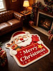 1pc Q-Version Santa Claus & Cute Reindeer Shaped Rug, Faux Wool, Decorative Rug, Bedroom Decor, Small Rug, Rug, Home Decor, Living Room Rug, Living Room Small Rug, Bedroom Rug, Living Room Home Decor, Outdoor Rug, Washable Rug - Multicolor - View 4