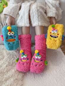 1 Pair Of Women 3D Monster Plush Socks,Ugly‑Cute Pom‑Pom Decor Fuzzy Socks, Non‑Slip Socks. Home Floor Sleep Socks Winter Thick Warm Funny Socks. - Multicolor - View 4