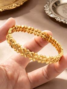 Letingsha Women's Vintage Gold Plated Textured Open Cuff Bracelet, Fashionable Daily Layering & Premium Jewelry Gift - Gold - View 3