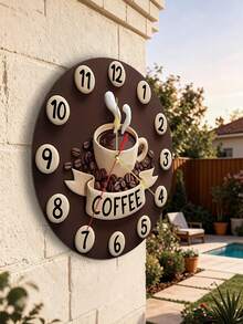 1pc 2D Coffee Cup Design Silent Wall Clock, Wooden Round Eternal Wood Plate, Fashion Kitchen Decor, Suitable For Coffee Lovers, Create Cozy Morning Atmosphere, AA Battery Powered (Battery Not Included) - Multicolor - View 1