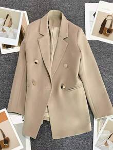 Spring/Summer Women's Solid Color Long Sleeve Double-Breasted Blazer, Notched Collar | Suitable For Dates, Parties, Outings And Holiday Celebrations - Ginger - View 9