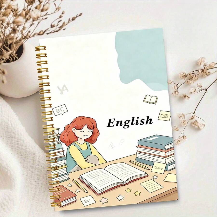 دفتر ملاحظات سلكي A5 بموضوع إنجليزي، غلاف صلب بتصميم فتاة تتعلم مع كومة كتب ورسومات خربشة، دفتر يوميات بأسلاك ذهبية جمالية، قرطاسية لتعلم اللغة الإنجليزية، هدية لكتابة ملاحظات الطلاب - بسيط - مشاهدة 1