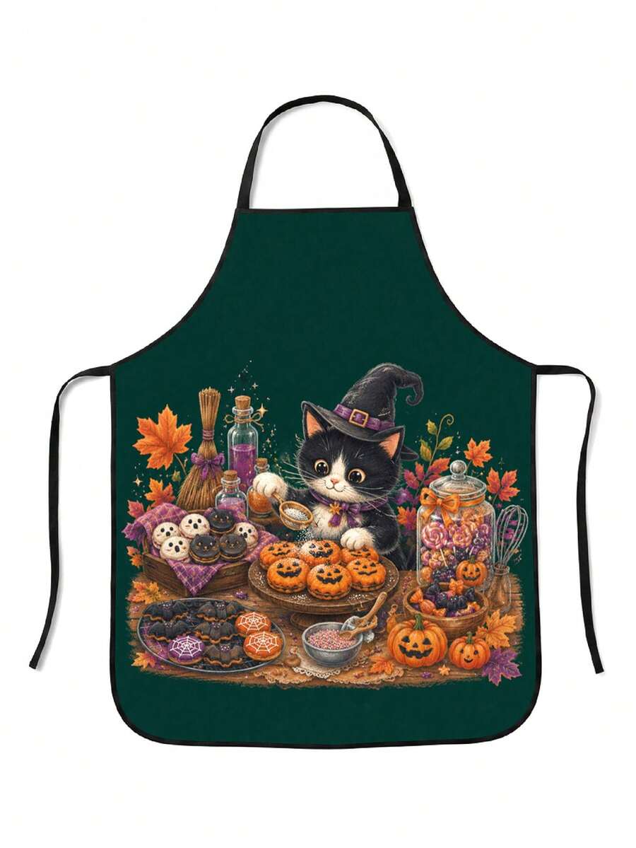 1pc Halloween Black Cat & Pumpkin Theme Apron, Suitable For Kitchen Daily Decoration, Exquisite Printed Design, Holiday Party Tableware Display, Baking Gathering Decoration, Halloween Autumn Decorative Supplies - Multicolor 2 - View 1