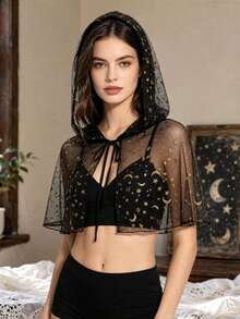 1pc Halloween Hot-Selling Black Star & Moon Mesh Hooded Short Cape Witch Style Camisole Top Costume Accessory - Black - View 6