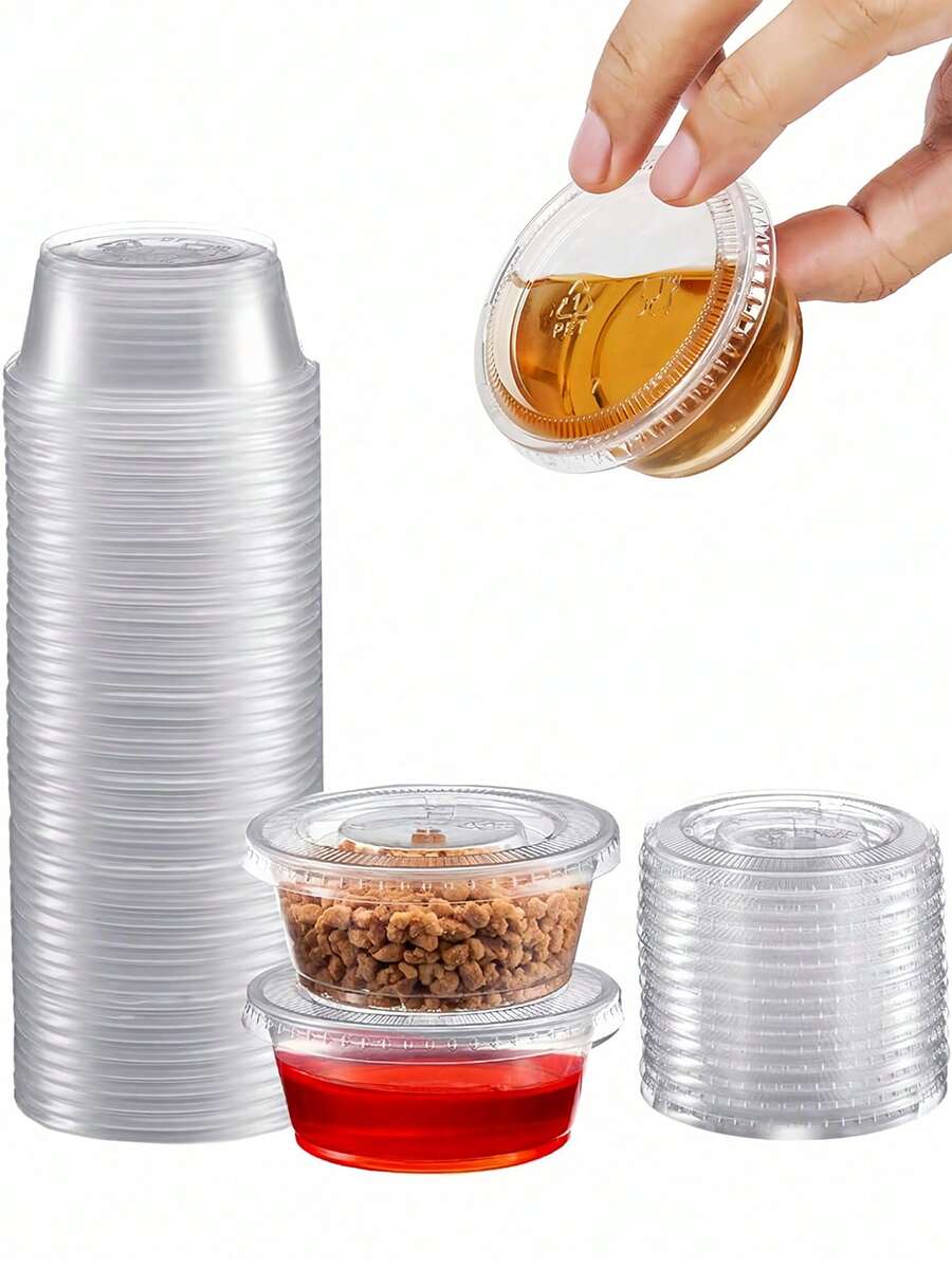 Mini Portion Cups With Lids To Seal Portable Small Plastic Containers To-Go Cups Work Food Storage Containers Jello Shot Cups Condiment Containers Picnic Travel Cruise Camping Essentials Accessories Camping Gear Pots And Pans