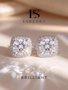 ESBERRY 1pc Moissanite Earrings Delicate 0.5CT Mini Square Stud Earrings Perfect For Women's Daily Wear And Special Occasions - Silver - View 2