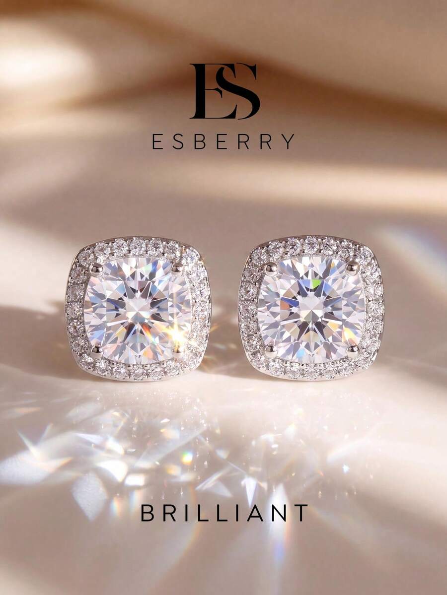 ESBERRY 1pc Moissanite Earrings Delicate 0.5CT Mini Square Stud Earrings Perfect For Women's Daily Wear And Special Occasions