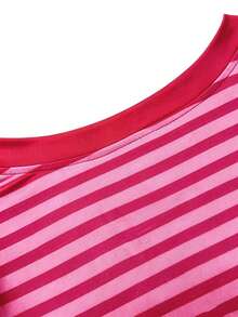 Women's Plus Size Casual Long Sleeve Knit Top, Striped Elastic Contrast Color Vacation Wear, Spring/Autumn T-Shirt, College Style & Daily Comfortable Outfit Choice - Rose Red - View 5