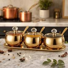 1 Set 2/3 Stainless Steel Seasoning Canister Set, Spice Container With Lid And Spoon, Gold Tone Condiment Bottle With Serving Tray, Suitable For Pepper, Salt, Spices, Candy, Coffee Beans Kitchen Jar Combination - Multicolor - View 2