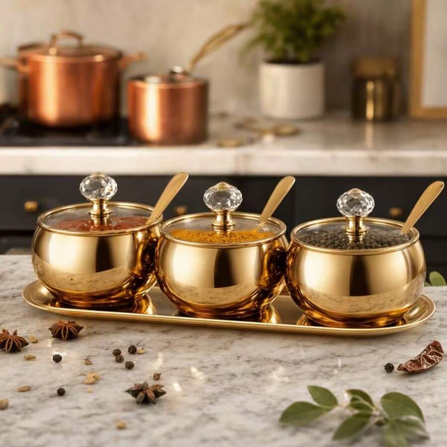 1 Set 2/3 Stainless Steel Seasoning Canister Set, Spice Container With Lid And Spoon, Gold Tone Condiment Bottle With Serving Tray, Suitable For Pepper, Salt, Spices, Candy, Coffee Beans Kitchen Jar Combination