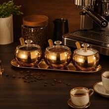 1 Set 2/3 Stainless Steel Seasoning Canister Set, Spice Containers With Lid And Spoon, Gold Tone Condiment Bottles With Serving Tray, Suitable For Pepper, Salt, Spices, Candy, Coffee Beans Kitchen Jar Combination - Multicolor - View 1