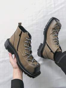 Men's Boots Square Toe Distressed Gradient Toe Cap Contrast Color Thick Rope Shoelaces Side Hidden Zipper Thick Sole Design Sturdy Boot Shape Clean Stitching Men's Casual Shoes Winter Boots Outdoor Commute Men's Boots - Khaki - View 10