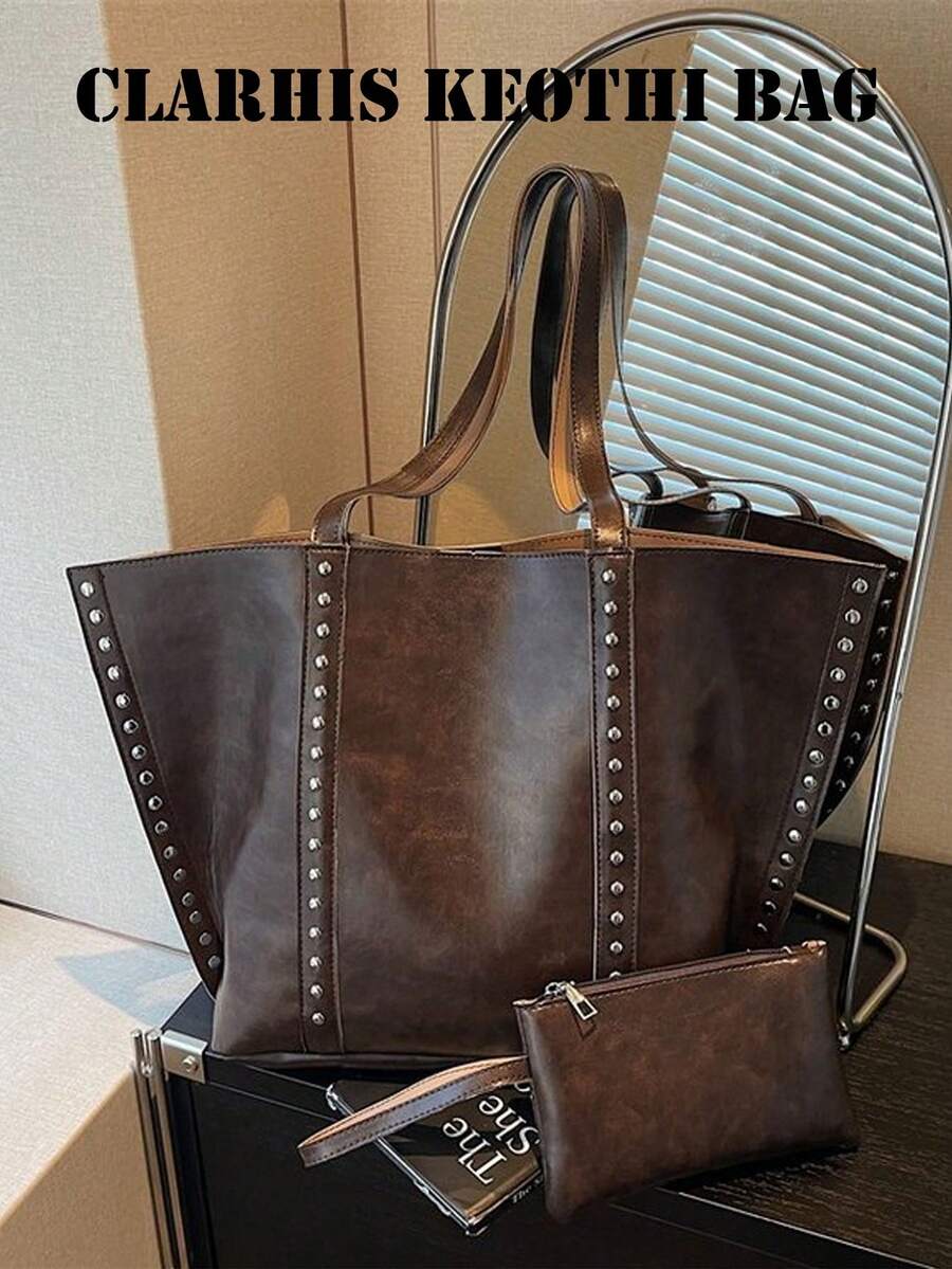 Vintage Distressed Tote Bag With Rivet Decor, Metal Rivet Line Accents, Open Top Oversized Body, Extended Handle Strap, Matching Small Bag From The Same Series, Ample Storage Space, Suitable For Commuting And Travel, Creating A Cool Retro Vibe Outfit - Coffee Brown - View 1
