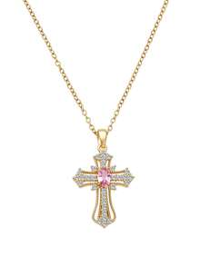 Ashenrae 1pc Luxurious & Fashionable Copper Cross Pendant Necklace Embellished With Zirconia, Dating Gift - Yellow Gold - View 3