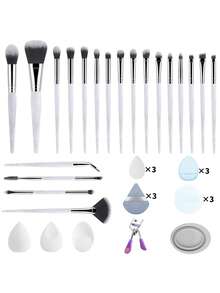 37pcs Multi-Function Makeup Tool Set, 20 Makeup Brushes & 15 Powder Puffs & Eyelash Curler & Brush Cleaner, Dense Soft Bristles With Even Powder Pickup And No Flying Powder, Suitable For Student Dorm Daily Makeup, Business Travel And Portable Makeup - Multicolor - View 15
