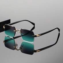 Men's Rimless Square Gold Decorative Fashion Glasses, UV Protection Black Lenses, Lightweight Fashion Glasses, Suitable For Casual Daily Wear, Driving And Street Style - Multicolor - View 16